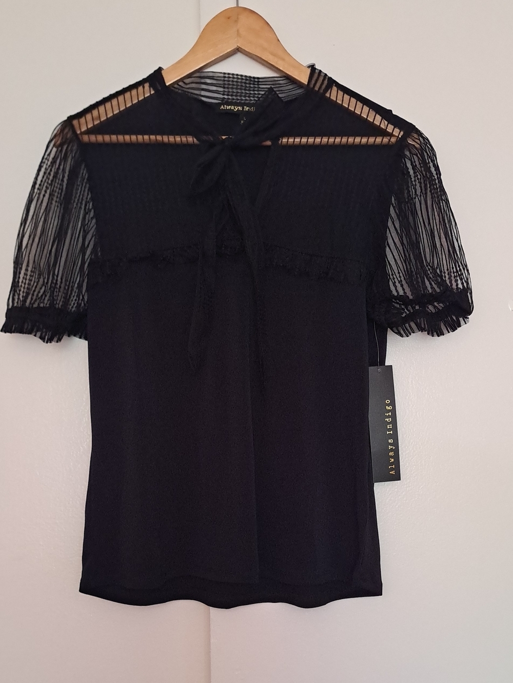 Always Indigo, Black  Sheer Puff Sleeve Tie-Front Blouse